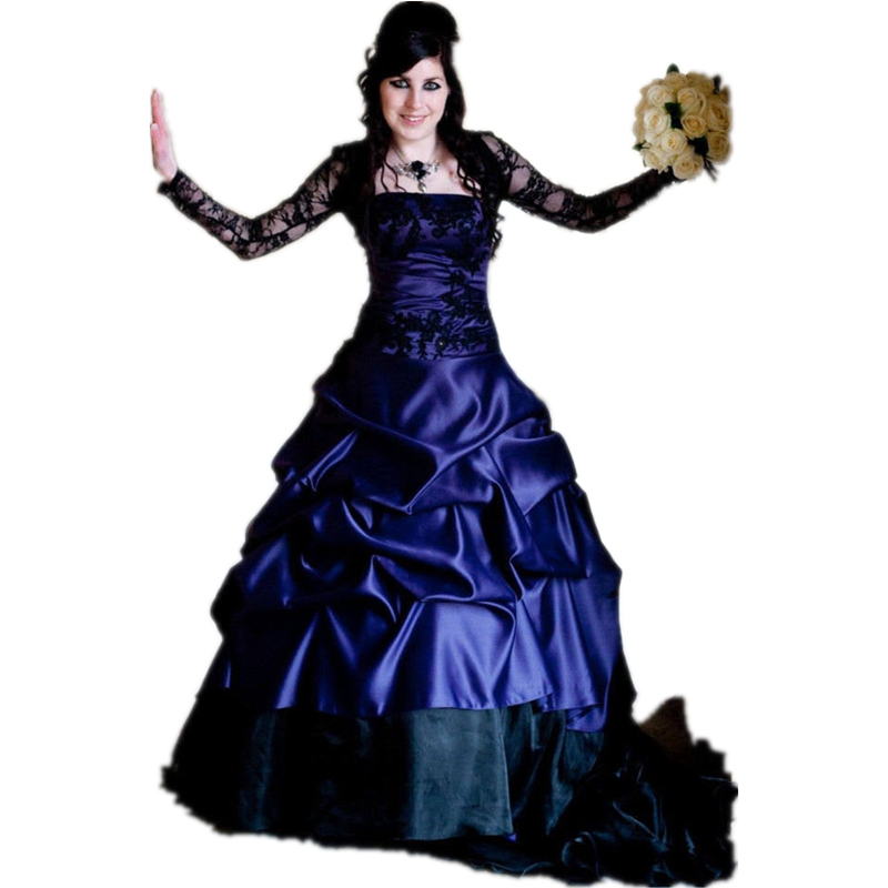Vintage Royal Blue And Black Gothic Wedding Dress Lace Long Sleeve Bridal Dresses Ruched Plus Size A Line Garden Wedding Gowns 2024 Vestidos De Novia