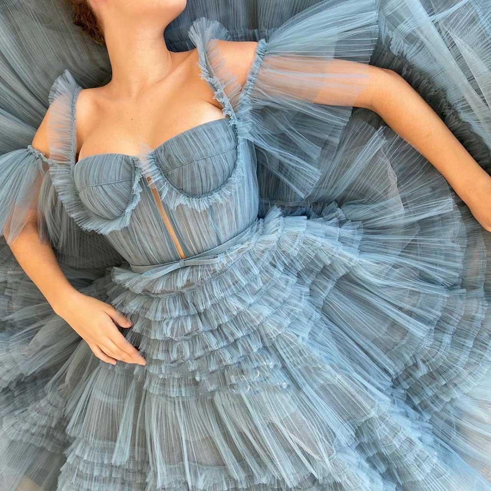 Blue Long Prom Dresses Sweetheart Crumpled Tulle Ruffles Evening Dresses Off Shoulder Tiered A-Line Party Dress Bow Belt