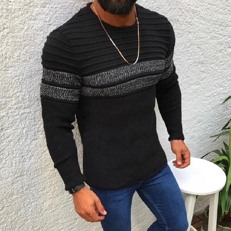 Men's Casual Stripe Pullover Sweater Long Sleeve Slim Fit Knitted Cotton Top For Autumn Winter B1