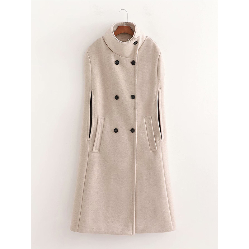 Winter Cloaks Women Fashion Solid Stand Collar Wool Capes Pockets Thick Coat Elegant Sleeveless A Line Female Ladies Outwear 201214