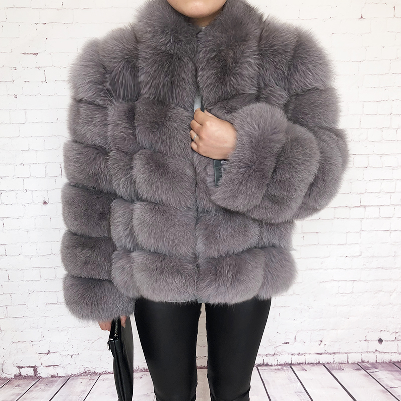 Women's high quality 100% real fur coat Natural fox fur vest Leather jacket leather coat Stand collar long sleeve fox fur coat 201112