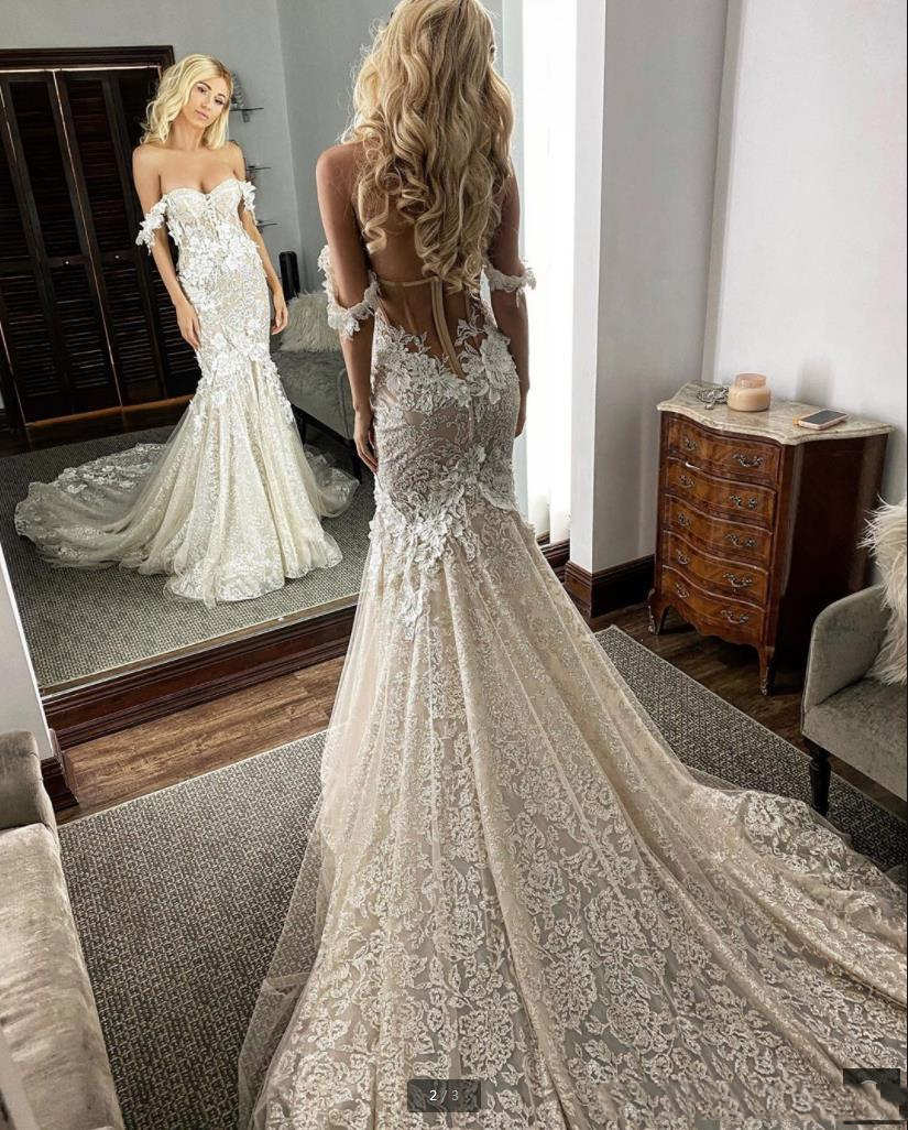 Berta Sexy Full Lace Trumpet Dresses For Women Off Shoulder Sweetheart Appliqued wers Mermaid Bridal Wedding Gowns Plus Size