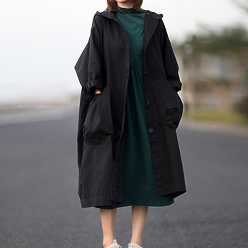 Johnature Autumn New Loose Plus Size Hooded Single Breasted Windbreaker Simple Casual Solid Color All-match Women Long Coat 201211