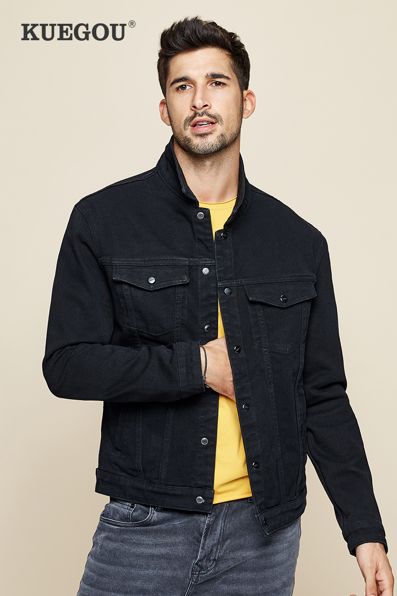 KUEGOU Men's denim jacket South Korean style fashion spring coat Black grey slim cowboy coat lapels top size KW-2988 201127