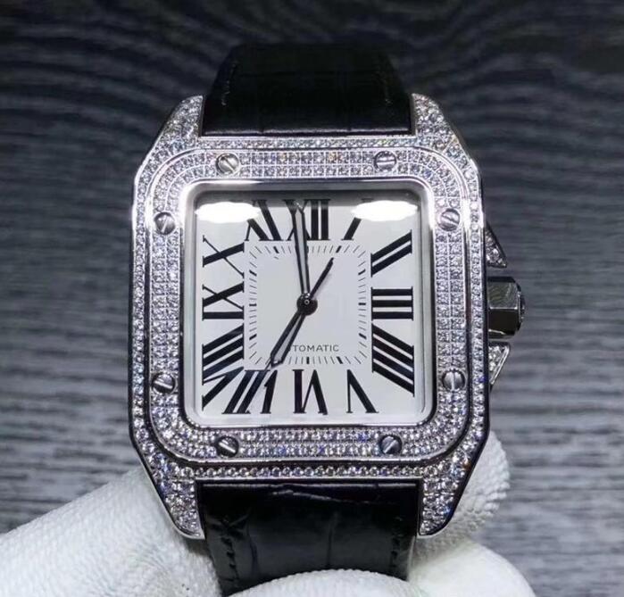 New men's self-winding square full diamond case white dial leather strap men's watch
New men's self-winding square full diamond case white dial leather strap men's watch