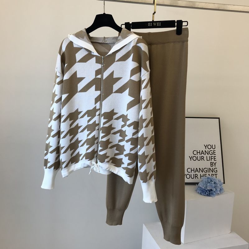 Knit Houndstooth Tracksuits Women Hooded Sweater Cardigans + Pants 2 piece set Casual Knitted Plaid Jacekts Suits 210525, Khaki
Knit Houndstooth Tracksuits Women Hooded Sweater Cardigans + Pants 2 piece set Casual Knitted Plaid Jacekts Suits 210525, Khaki