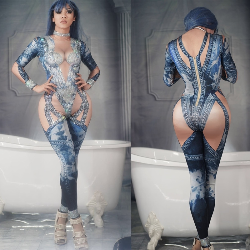 Christia Bella Sexy Denim Print Rhinestone Women Stage Jumpsuit Stretch Skinny Rompers Nightclub Performance Leotard Dancer Wear T200509