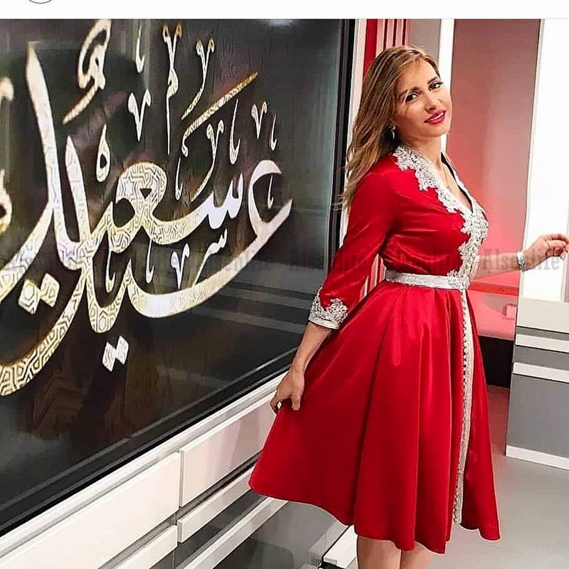 Cheap robe de soiree Short Prom Dress Long Sleeves V neck Satin Cocktail Party Gowns Appliques Lace Formal Evening Wear