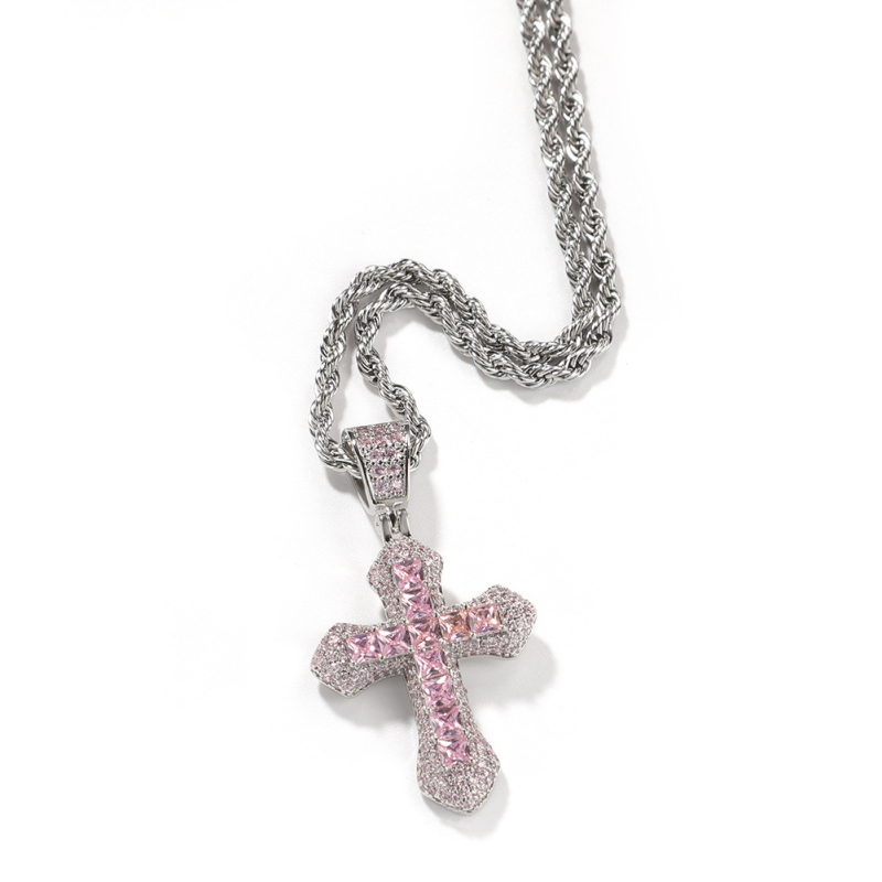 New Trendy CZ Pave Setting Cross Pendant Necklace High Quality Hip Hop Men Jewelry with Twist Chain