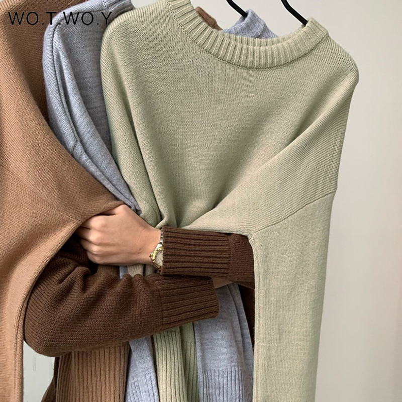 WOTWOY Elegant Knitted Cashmere Sweater Women Solid Loose Knitwear Pullovers Women Long Sleeve Basic Sweaters Female Jumper 201224