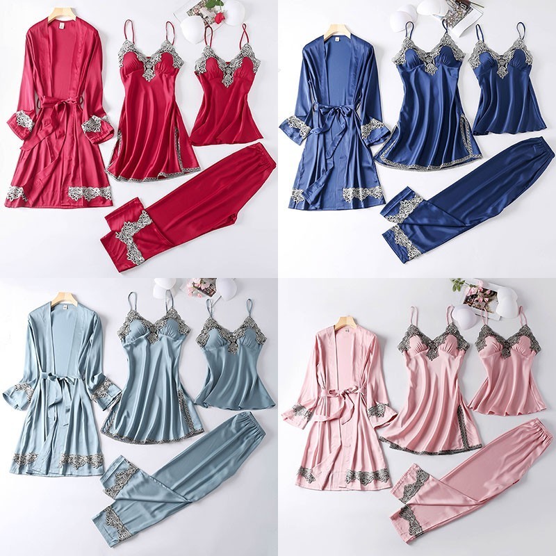4PCS Satin Sleepwear Lady Pajamas Suit Nighty&Robe Set Sexy Intimate Lingerie Casual Bridal Wedding Gift Homewear Nightgown 201031