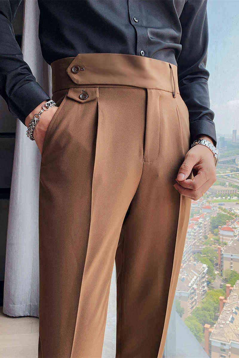 Vintage England Elegant Mens Slim Fit Suit Pants Gentleman Retro British Style Social Pants Men White Office Trousers Work Dress 211229