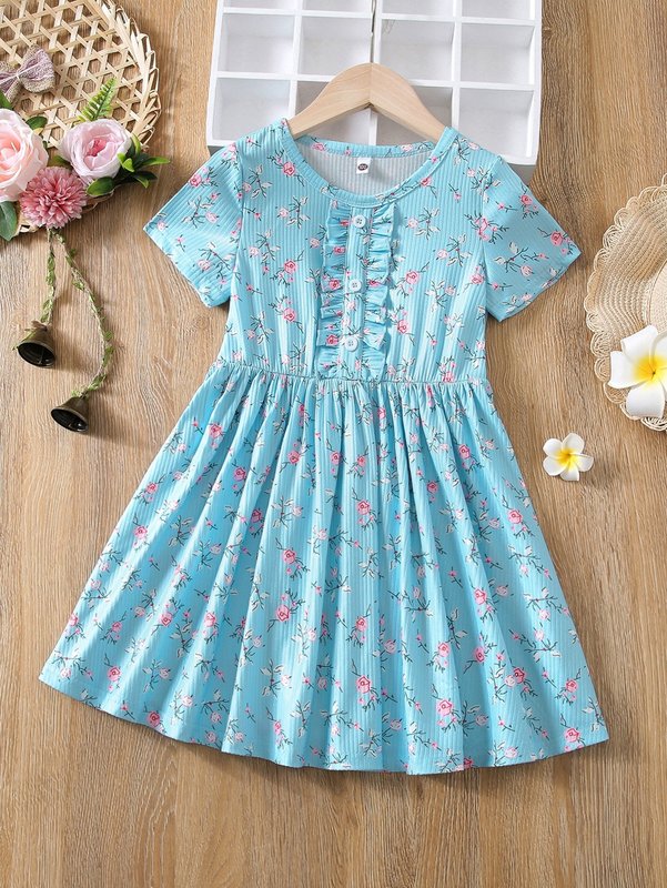 Toddler Girls Floral Print Frill Trim Dress SHE01