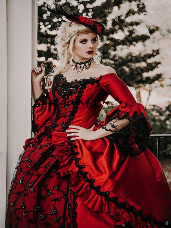 Vintage And Red Black Dresses Long Poet Sleeves Tiered Skirt Satin Lace Crystals Corset Back Wedding Bridal Gown Robes De Mari E