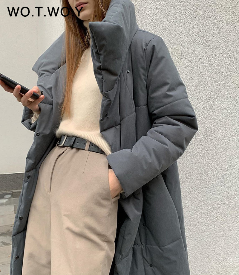 WOTWOY Winter Thickening X-Long Parkas Women Wide-Waisted Loose Cotton Padded Jackets Female Green Grey Sashes Warm Windbreaker 201029