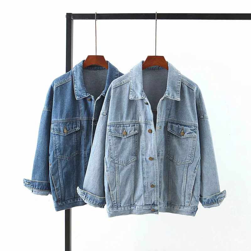 Aachoae Women Streetwear Denim Jacket With Pockets Batwing Long Sleeve Single Breasted Coat Loose Turn Down Collar Outwear 201112