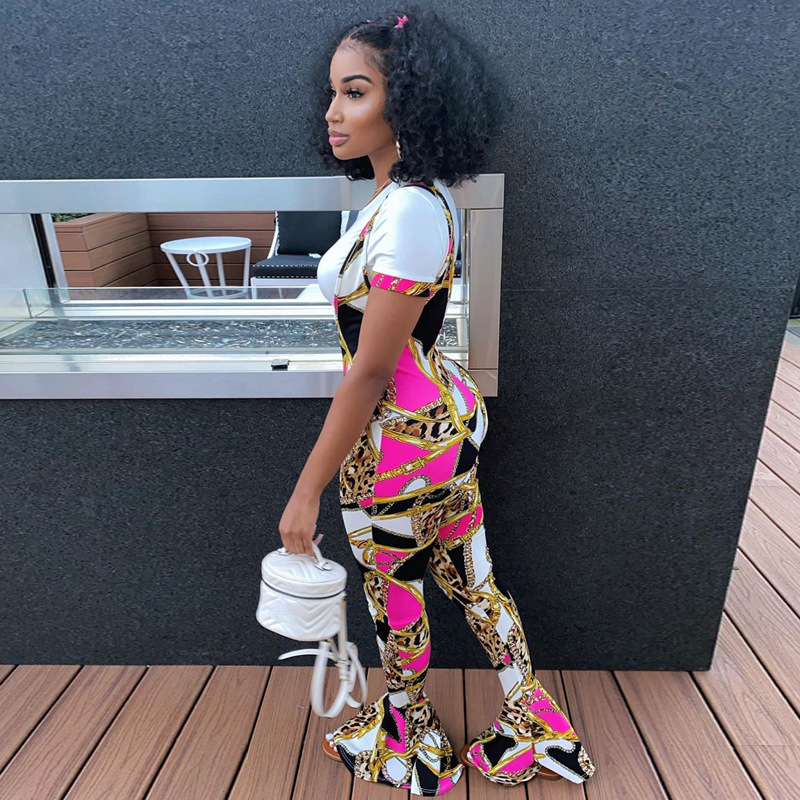 ANJAMANOR Fashion Printed Overalls Fall Clothes for Women Sexy Club Outfits Bodycon Jumpsuit Bell Bottom Pants D16-CZ27 201007