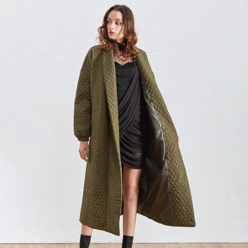 CHICEVER Korean Plaid Cotton Coat For Women Lapel Collar Lantern Sleeve Oversize Loose Casual Long Female Parkas Winter 201214
