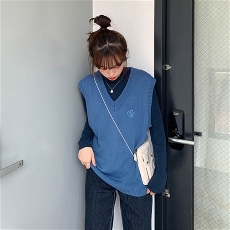 8 colors japanese preppy style embroidery sleeveless v neck loose vest sweaters womens knitted sweaters (X1135) 201109