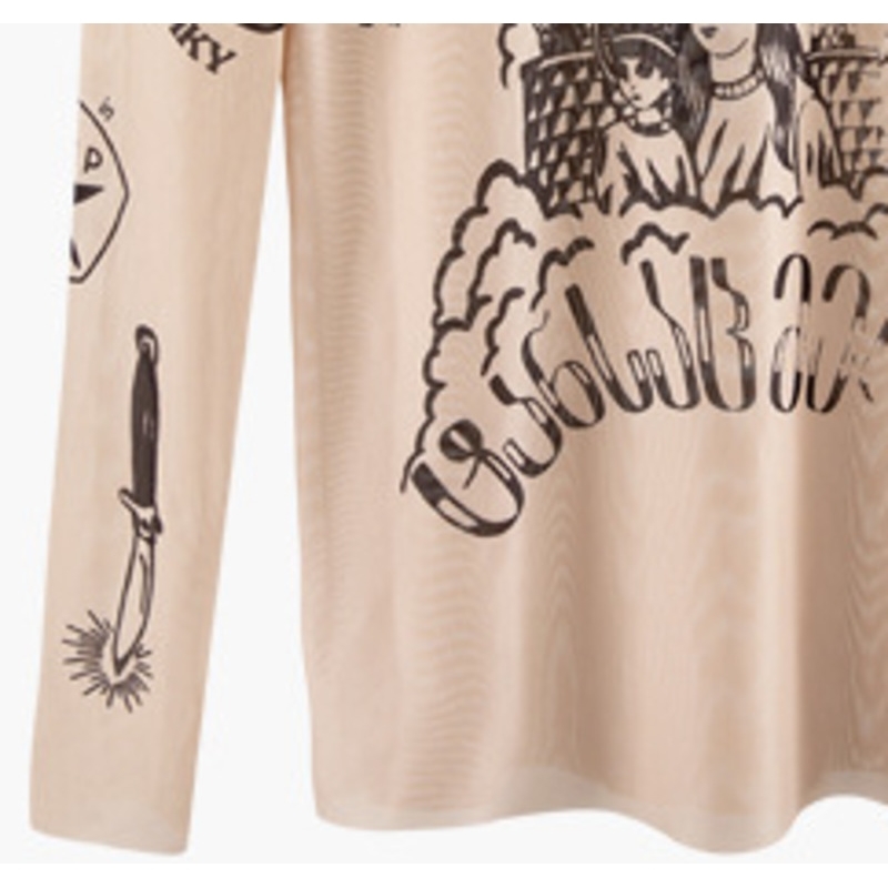 2020 Autumn New Fashion Women Basal Top Goddess Tatoo Print Long Sleeve High Tight Collar Nude Color Mesh Yarn SEXY T shirt LJ200818