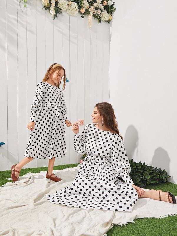 Girls 1Pc Polka Dot Belted Lantern Sleeve Dress SHE