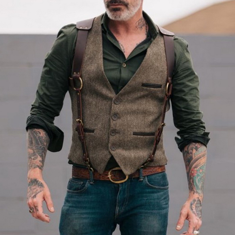 Vintage Suit Vest Men High Quality Wool Tweed Slim Gentleman Business Sleeveless Waistcoat Formal Vest For Wedding Groomsmen 201105