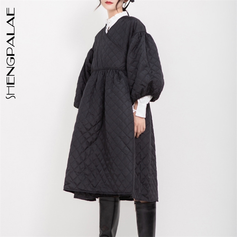 SHENGPALAE Black Korean Fashion Winter Jacket Jackets V Collar Half Sleeve Loose Big Personality Large Hem Coat Women JL103 201217