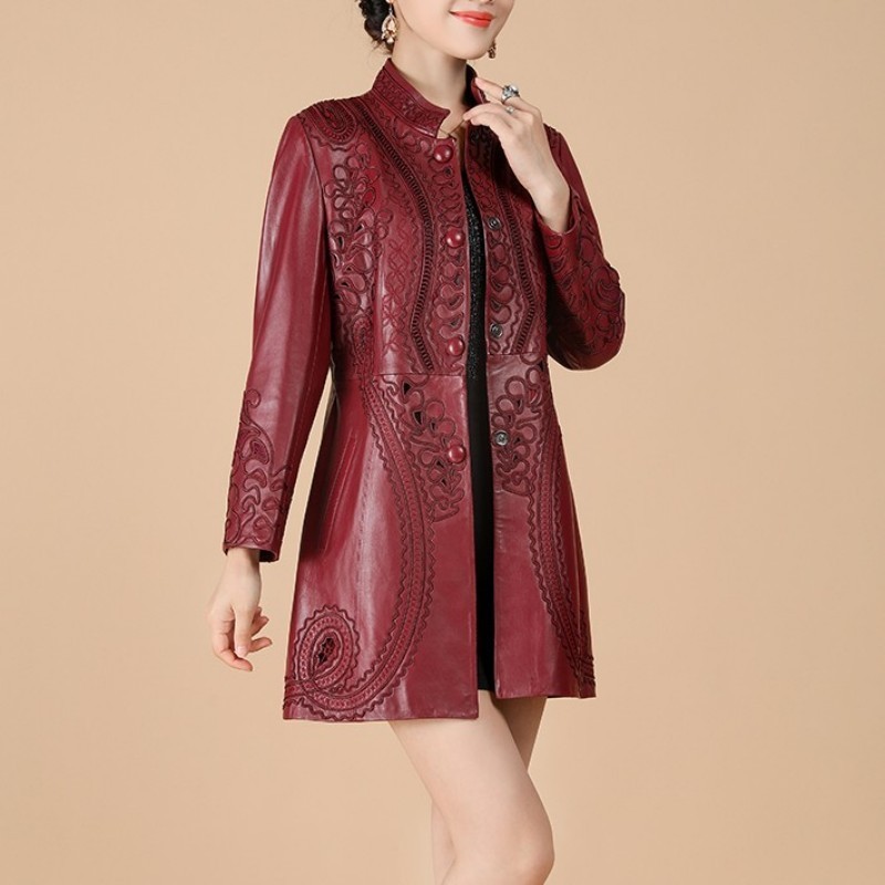 Autumn Genuine Leather Jacket Women Hollow Out Embroidery Slim Sheepskin Coat Office Lady Medium Long Windbreaker Plus Size 6XL 201030