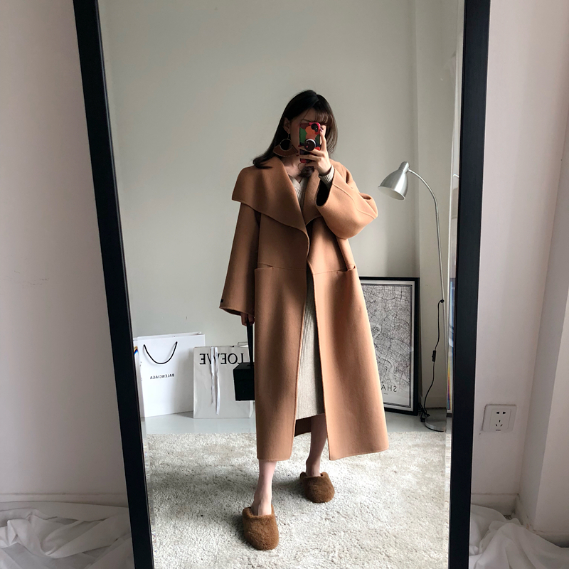 New Women Wool Long Coat Autumn Winter Cashmere Side Slit Big Turn-down Collar Warm Coats Camel Black Grey Color 201216