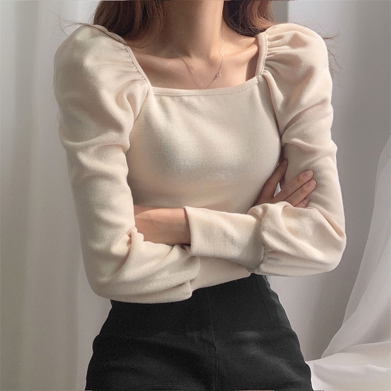 Neploe Autumn Korean Tops Puff Sleeve Sweater Pull Femme Vintage Square Collar Pullover Knitwear Women Slim Thin Sweaters Jumper 201111wtt