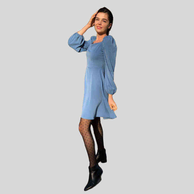 CHURSES Solid Casual Spring Mini Dress Puff Sleeve Square Neck Elegant Slim Party Dress Ladies Vintage A Line Women Dresses 2022 211221
