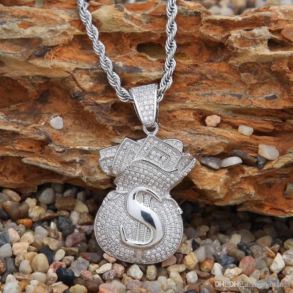 New Arrivel Iced Out Cubic Zircon Money Bag Pendant Necklace Hip Hop Gold Sier Color Men Charm Chain Jewelry Free shipping Free shipping