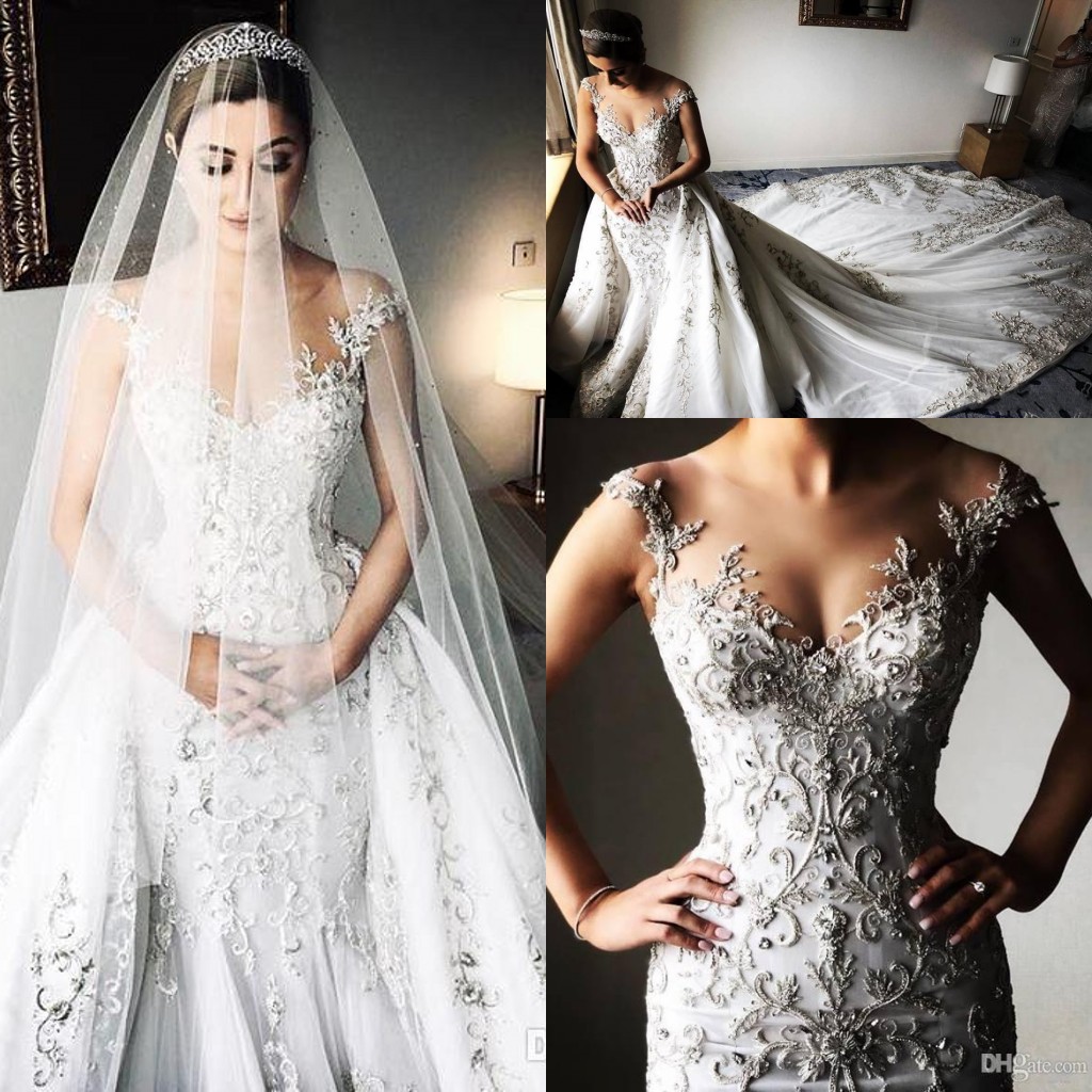 Sheer O-neck Princess Mermaid Wedding Dresses with Detachable Train Sparkly Crystal Lace Applique Beaded Arabic Bridal Gowns