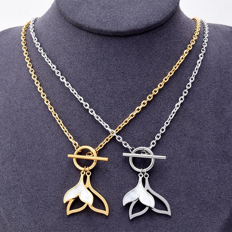 Fashion mid-length word buckle necklace double fish tail shell pendant jewelry titanium steel necklace hot sale
Fashion mid-length word buckle necklace double fish tail shell pendant jewelry titanium steel necklace hot sale