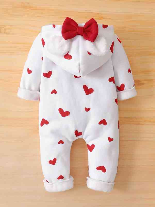 Baby Heart Print Bow Hooded Jumpsuit SHE