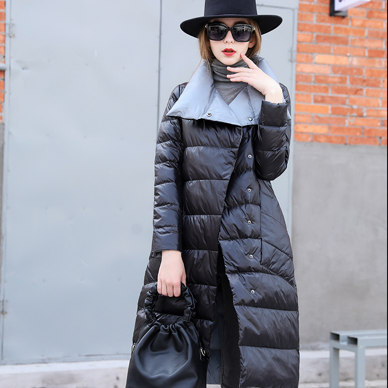 FTLZZ Women Double Sided Down Long Jacket Double Breasted Snow Outwear Warm Parka Stand Collar Lapel 90% White Duck Down Coat 201214