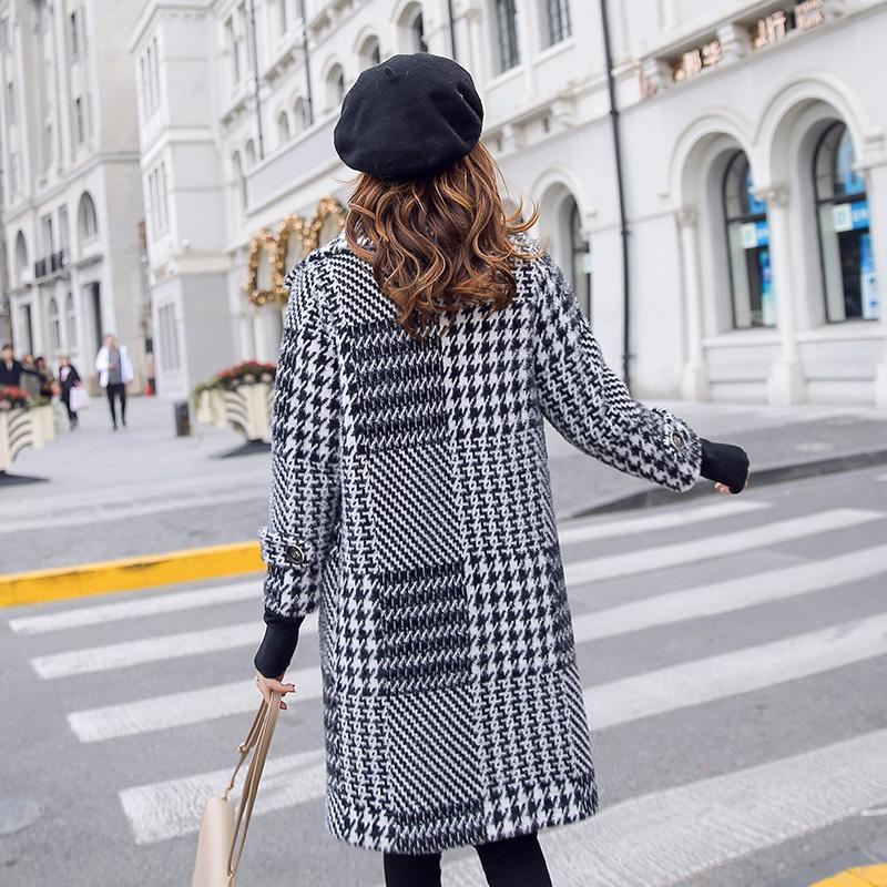 Fashion plaid wool coat women autumn winter korean style medium long coats ladies turndown collar warm pink outerwear 201216