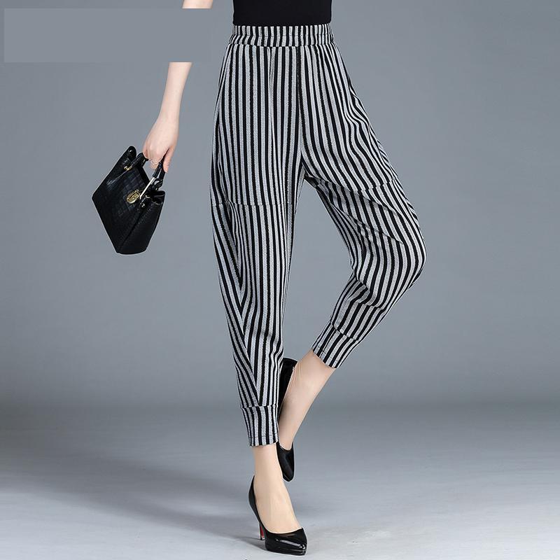 New High Quality Striped Women Harun Spring Summer Loose Casual Lanterns Elastic Waist High Banana Radish Pants Plus Size S-4XL T200422