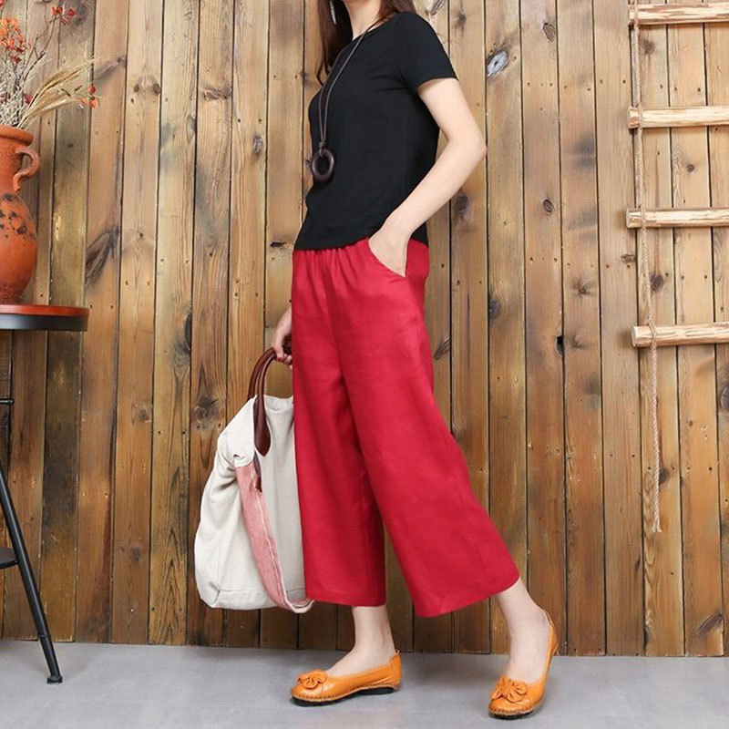 New Arrival Summer Style Women Pants Plus Size High Waist Loose Casual Wide Leg Pants Solid Cotton Linen Calf-length Pants D164 201109