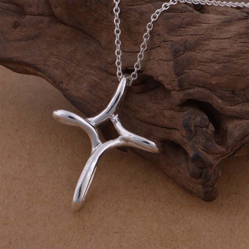 Fashion 925 Sterling Silver Plated Infinity Twist Looped Cross Pendant Necklace For Women Plain Polished 17 Inch Chain
