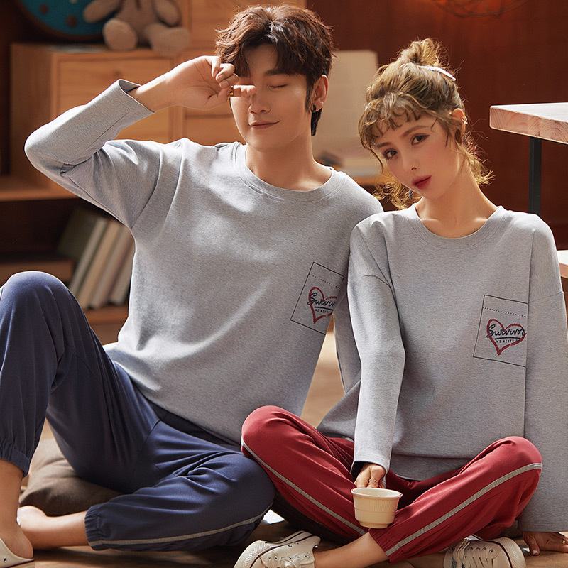 Couple's Pajamas Set Sleepwear Women Mens Cotton Pijama Long Sleeve Sleepshirt Homewear Pyjamas Round Neck Nightwear Lounge Wear 201105