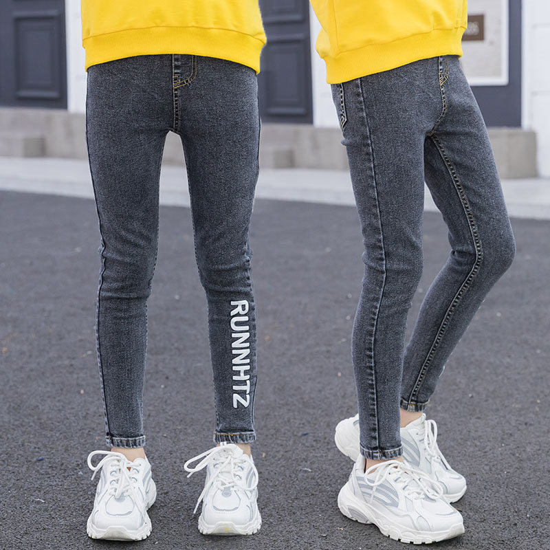Girl Teenage Skinny Jeans Arrival Kids Classic High Waist Skinny Jeans Medium Blue Denim Pants Letter Print Baby Trousers LJ201127