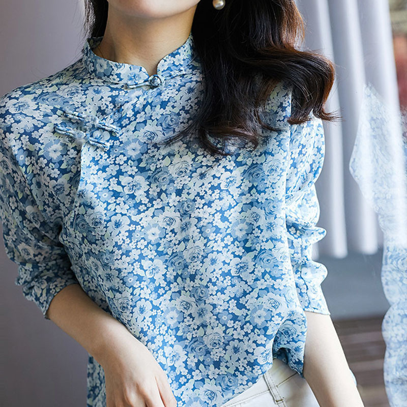 Chinese Style Women Spring Summer Chiffon Blouses Shirts Lady Casual Stand Collar Printed Chinese knot Collar Blusas Tops DD8952 201202