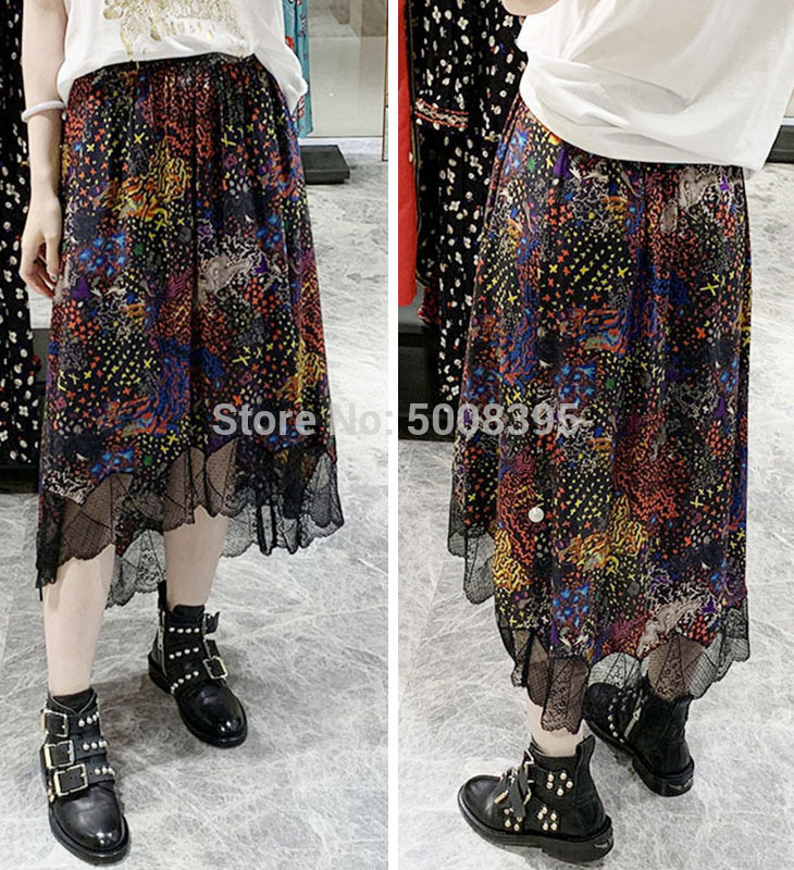 Multicolour Christy glam Printed Silk Asymmetric Skirt LACE Hemline Fashion Woman Midi Skirts Limited Stock NEW T200324