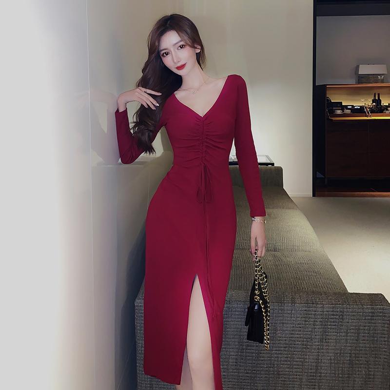 Casual Dresses Autumn Temperament Mid-length Sexy Split V Neck Long Sleeve Drawstring Dress Women Bodycon Black Wild Robe Vestido Clothes, Black;gray
Casual Dresses Autumn Temperament Mid-length Sexy Split V Neck Long Sleeve Drawstring Dress Women Bodycon Black Wild Robe Vestido Clothes, Black;gray