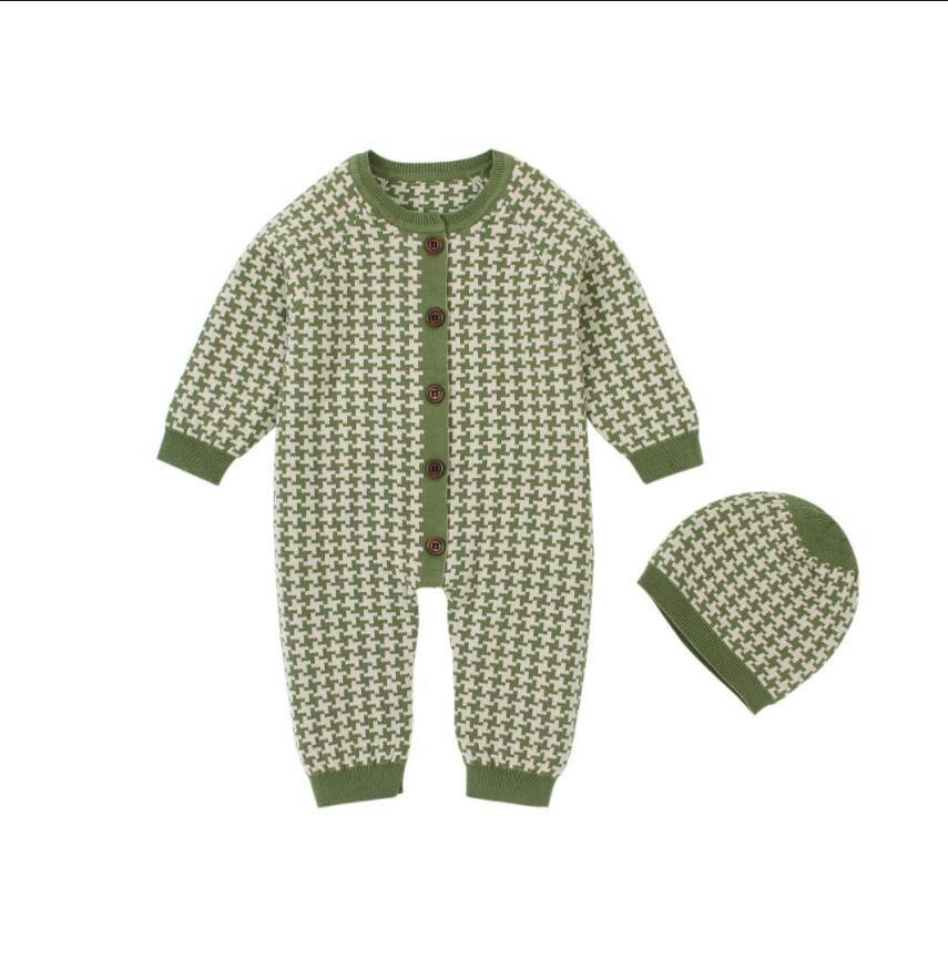 Knitted Newborn Baby Clothes Cotton Autumn Winter Baby Romper With Plaid Hat Infant Toddler Jumpsuit For Girls Boys Onesie Set 201023