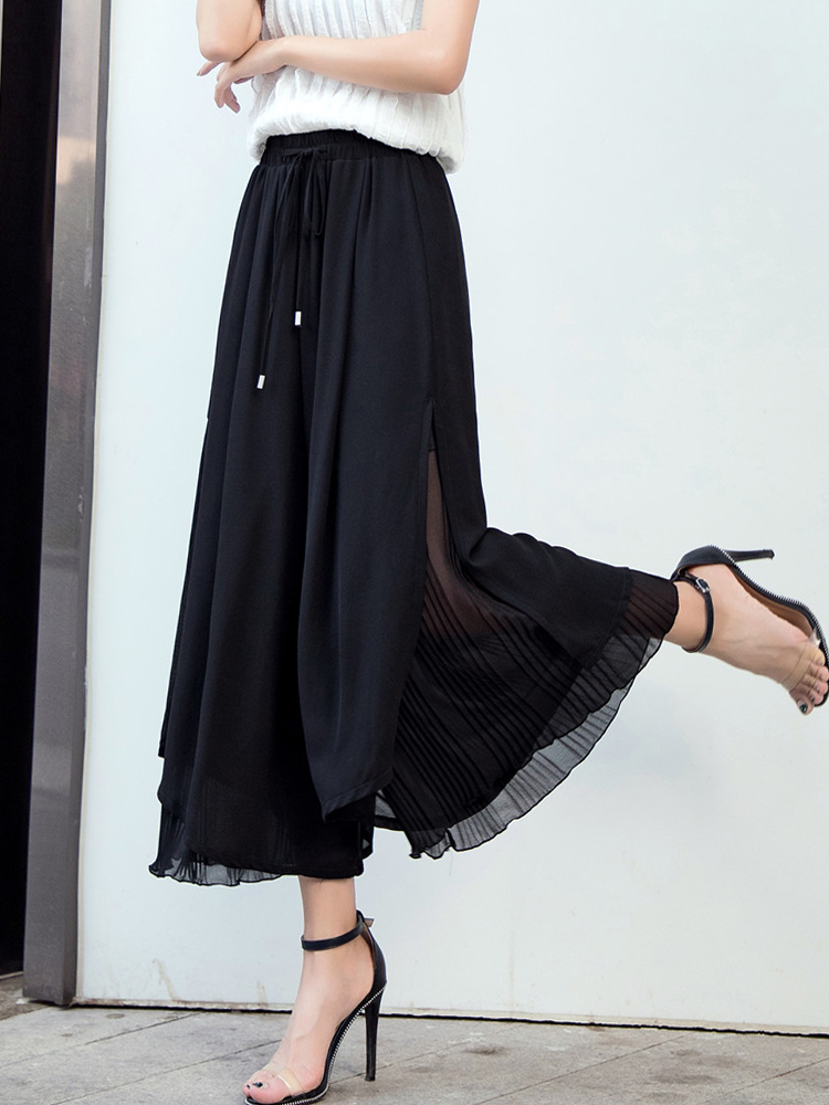 New Chiffon Slit Nine Wide Leg Pants Summer High Waist Drape Casual Loose Culottes Female Solid Loose Bohemia Skirt Pants 882F 201106