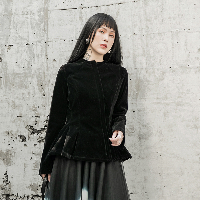 EAM Loose Fit Black Velvet Split Joint Temperament Jacket Round Neck Long Sleeve Women Coat Fashion Spring 1R606 201017