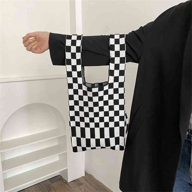 NXY Shopping Bags pouch Women Diamond Check Knit Handbag Convenient Korean Simple and Fashionable Folding Storage Shoulder 220128