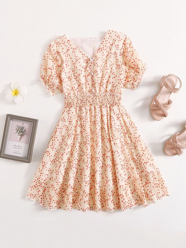 Girls Ditsy Floral Shirred Swing Dress SHE